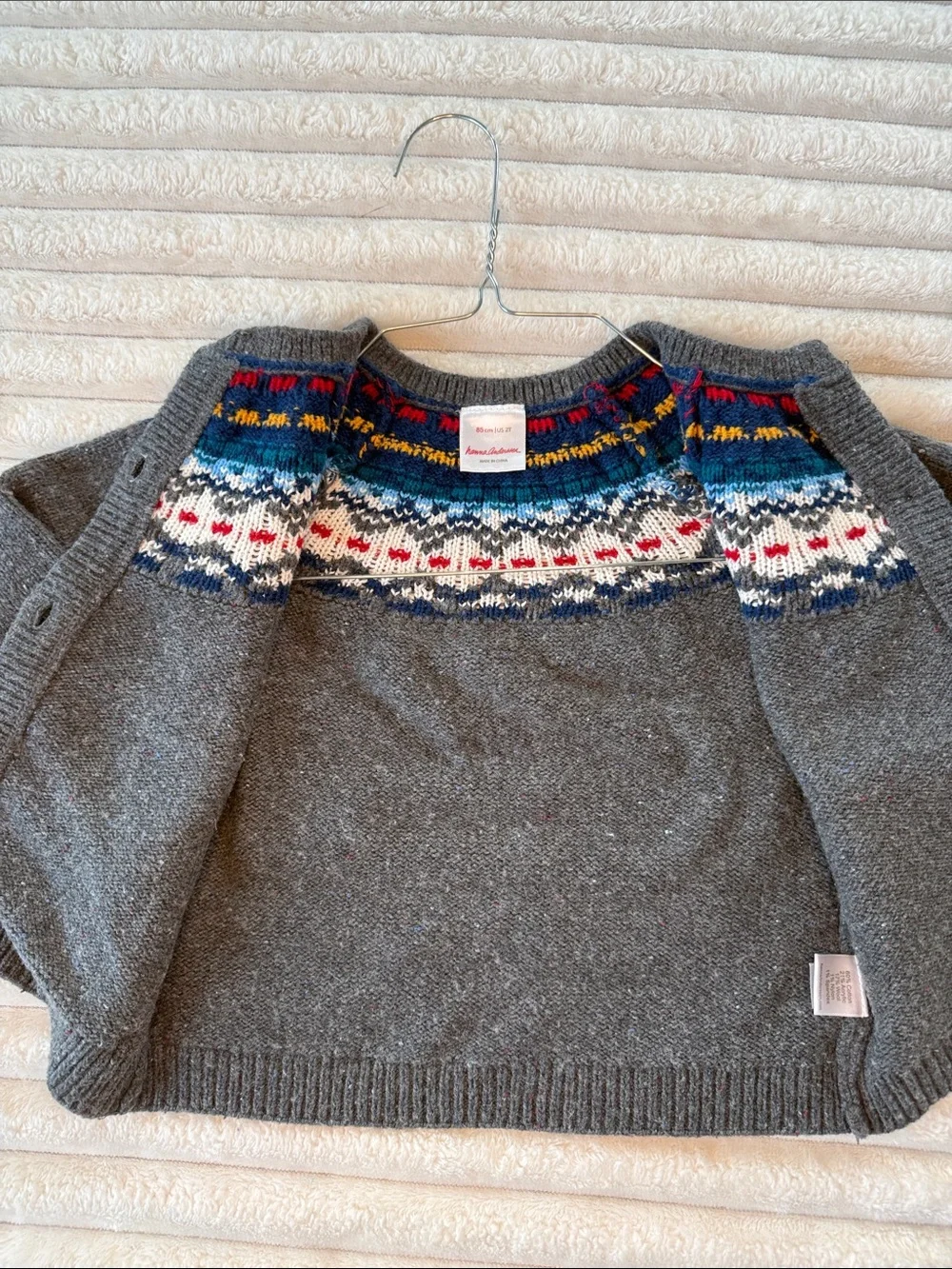 Hanna Andersson Gray Cardigan with Blue Fair Isle Yoke
